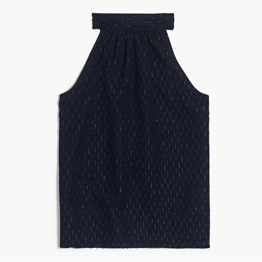 J. Crew- Gold Thread Tie Neck Top W/Bow Back, Navy, Size 14